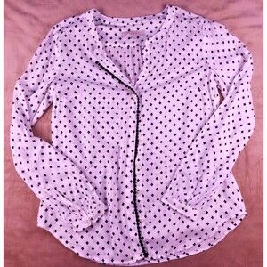 LOFT Women's size S White Black Geometric Button Long Sleeve Blouse Top
